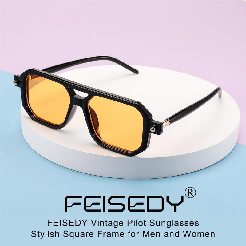 FEISEDY Lentes de sol Cuadrado Aviador Vintage Mujeres Hombres, Gafas de sol Elegante Marco Retro Clásico UV400 B2622
