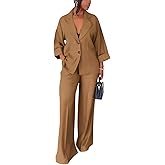 Casual Blazer Pants Suits for Women Dressy Oversized Long Sleeve Blazer and Wide Leg Pants 2 Piece Outfits