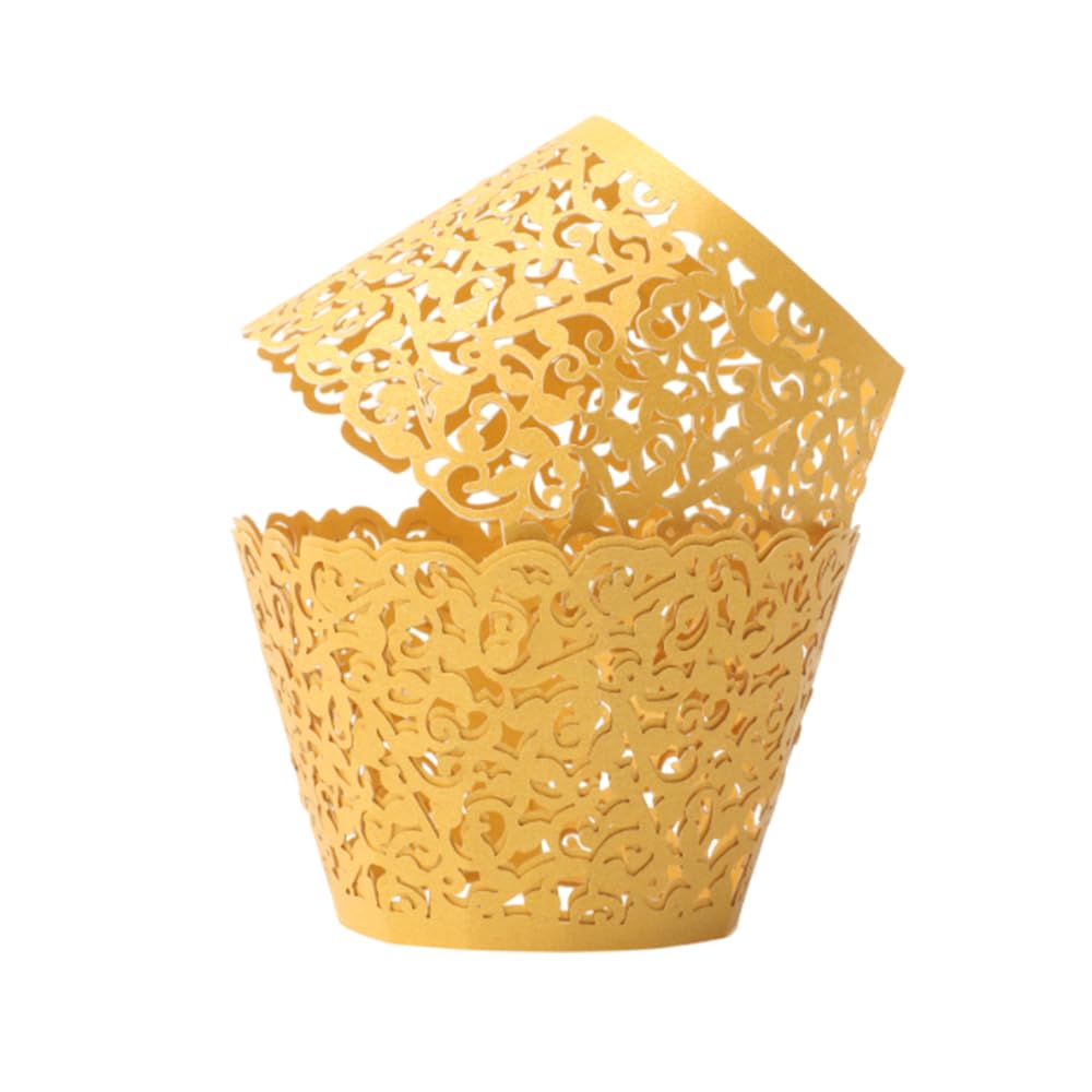 Photo 1 of SUYEPER 100pcs Yellow-Gold Cupcake Wrappers Artistic Bake Cake Paper Cups Little Vine Lace Laser Cut Liner Baking Cup Muffin Case Trays for Wedding Party Birthday Decoration (Gold)