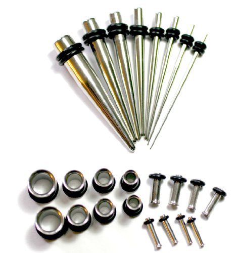 26pc Ear Stretching Kit 316L Surgical Steel Tunnels AND Tapers 0g - 18g PLUS Instructions