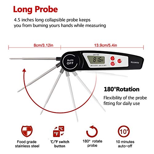 Digital Instant Read Meat Thermometer, Kicoeoy Kitchen Waterproof Thermometer With Collapsible Probe & Calibration. Super Fast Electric Food Thermometer For Kitchen, Outdoor Cooking, BBQ (black)