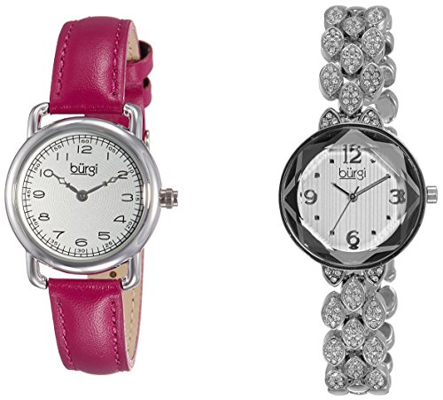 Burgi Women's BUR133SS Classic Fuchsia Leather Strap & Swarovski Crystal Accented Faceted Silver Bracelet 2 Watch Boxset