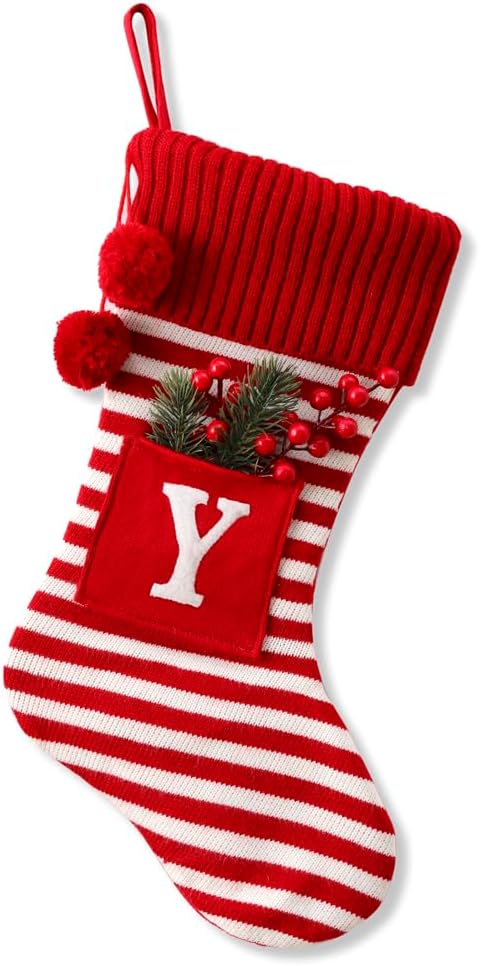 Stockings & Holders - 20 Inches Initial Monogram Embroidered Christmas Stocking Striped knitted Christmas Decorations Stocking Red,White, Green Letter Stockings for Family Holiday and Xmas Tree Fireplace Decor-50-Y-Red