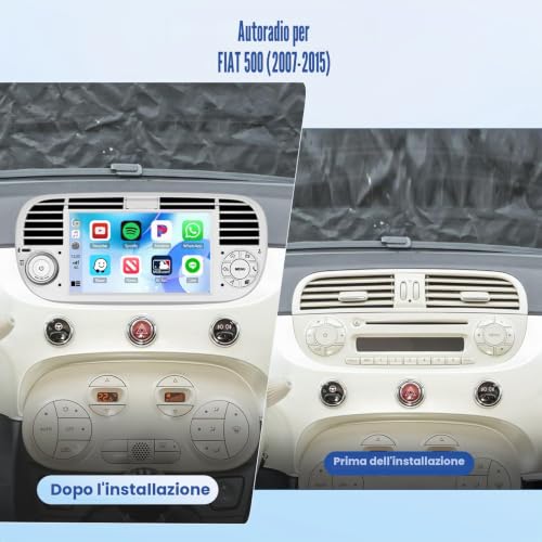 [4G+128G]Inefala Android 15 Car Radio for Fiat 500 2007-2015 with Wireless Carplay Android Car, 7 Inch Touchscreen Stereo Bluetooth Car Stereo with GPS Navigation WiFi RDS/FM SWC Rearview Camera Mic