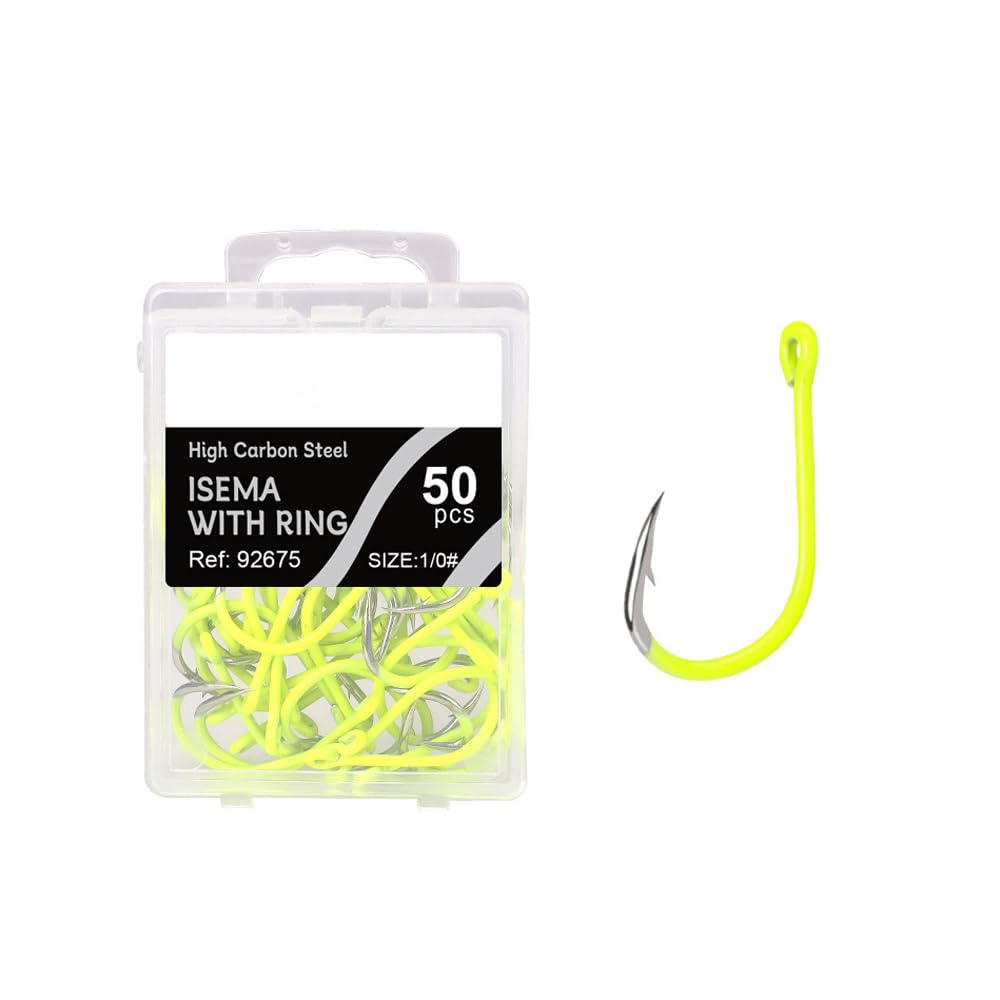 FONGKNOX 50 Pcs Isema Fishing Hook with Ring Fluorescence Coated Eyed Fishing Hook High Carton Steel Durable Sharpness Barbed 5H Hardness Bend Freshwater Saltwater Sea Fishing Trackle Size 1/0