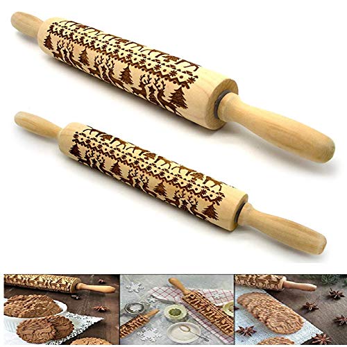 Christmas Wooden Rolling Pin 2 Packs, Embossing Rolling Pins with Engraved Christmas Deer Pattern, Christmas Themed Embossing Rollers, Christmas Symbols for Baking Embossed Cookies - Thumbnail 7