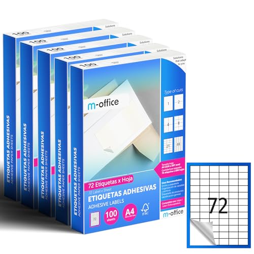 M-Office A4 Compatible Label Printer, White Stickers for Daily Use, Adhesive Paper for Printing, Write Stickers (72 per Sheet, 500h)