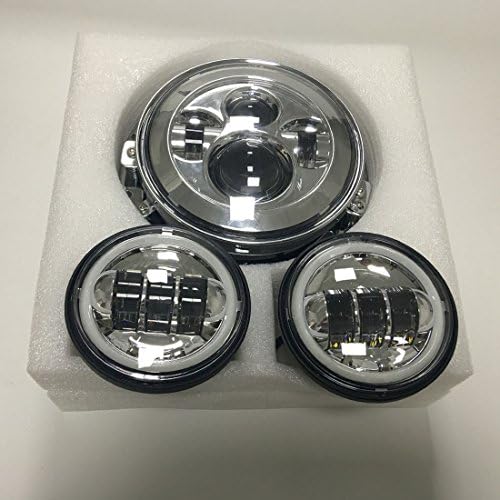 Chrome 7 Inch Round LED Headlight Daymaker with 4.5 inch chrome fog lights halo drl Lamps Passing Lamps Motorcycles with 7" Adapter bracket Ring For Harley Davidsion Motorcycle(Chrome)