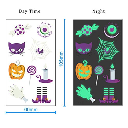 Waterproof Halloween Temporary Tattoo Stickers for kids, Different Designs Glow in the Dark for Children Halloween Party Favor Trick Ghost Monster Pumpkin Tattoos Party Decorations, 10 Sheets