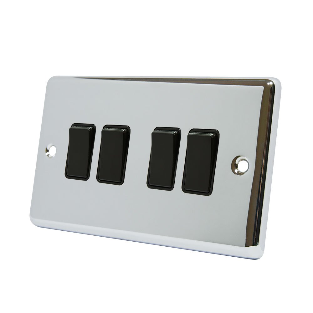 AET CPC4GSWIBL 4 Gang 2 Way 10 A Classical Chrome Polished Black Insert Plastic Rocker Light Switch