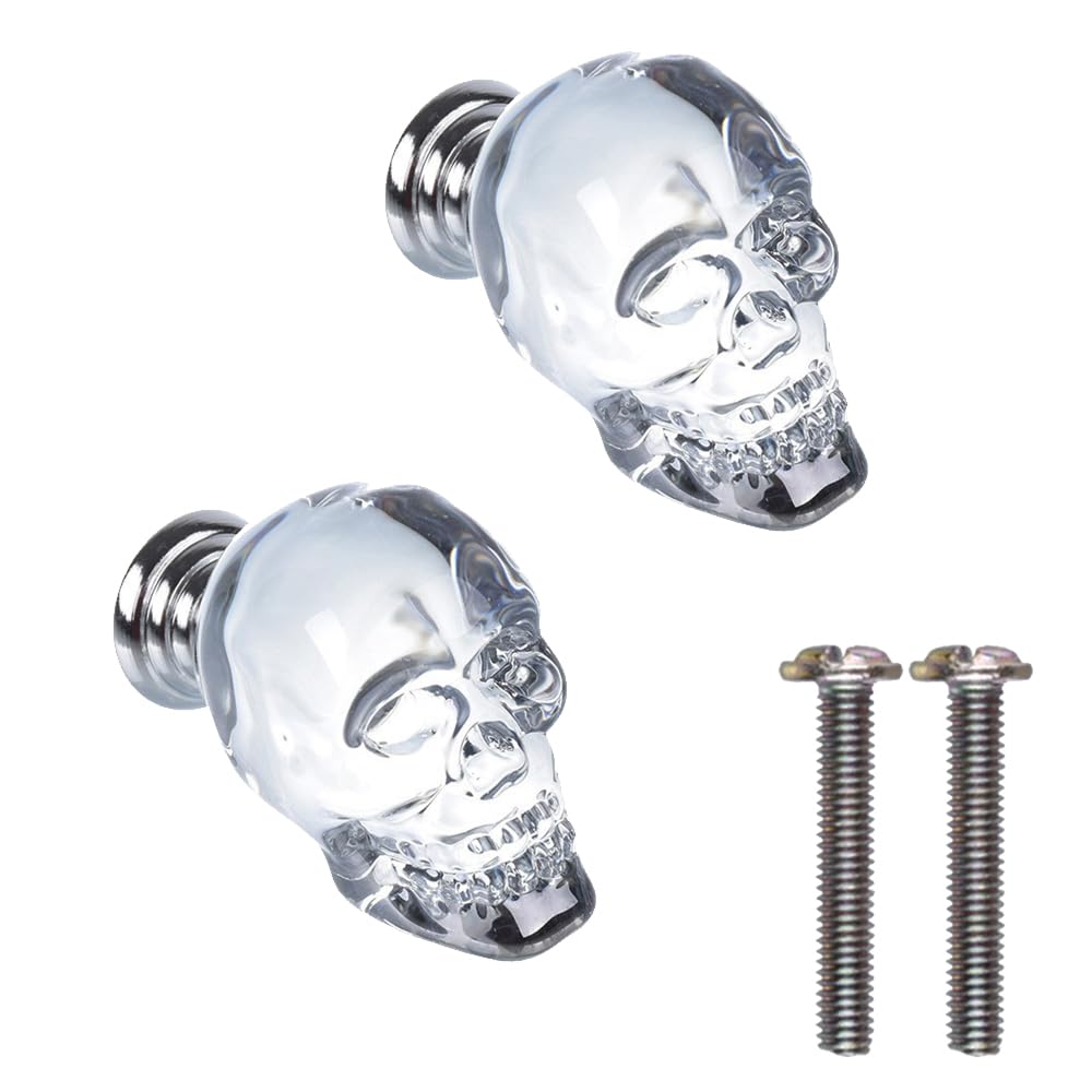 Crystal Skull Drawer Pull Knobs Set of 2, Decorative Door Knob with Screws, Furniture Handles for Dresser Drawer Cabinet Closet