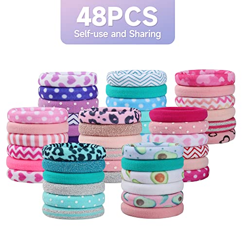 Hair Ties for Girls, 48 Pcs Soft Thick Seamless Nylon Elastic Hair Ties No Damage Pony Tails Holders for Thin Fine Hair Cute Fabric Hair Ties for Women - 48 Colors with Prints (In the Mood for Love)