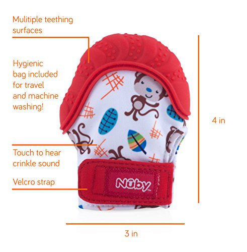 Nuby Soothing Teething Mitten with Hygienic Travel Bag, Red