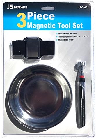 Magnetic Tool 3 piece Set Stainless Steel Heavy Duty 6 Inches Round Tray with Magnetic Pick Up Tool 24” 2lbs Pull and Adjustable Magnetic Wristband Holds Screws, Nails, Bolts, Washers, Drill Bits and