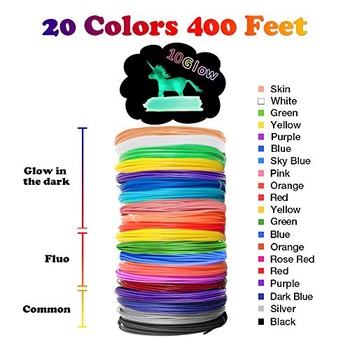 3D Pen Filament 400 Feet 20 Colors, dikale 3D Printing Pen Refills PLA Bonus 250 Stencil eBook, 3D Printer Pen Filament 1.75mm Smooth Printing