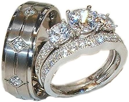 His Hers 3 Piece 925 Sterling Silver &amp; Titanium Wedding Ring Set (womens 6 mens 13)