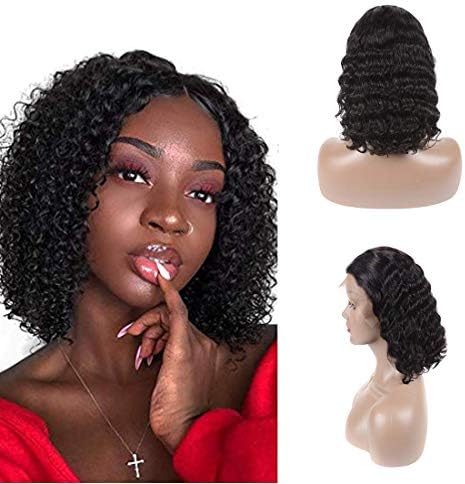 Pre Plucked Bleached Knots Bob Lace Front Wig Human Hair Bob Lace Wigs Deep Wave 150% Density 13x4 Middle Part Short Deep Curly Bob Wig With Baby Hair For Black Women Asian Wigs Virgin Hair 1b（8inch）