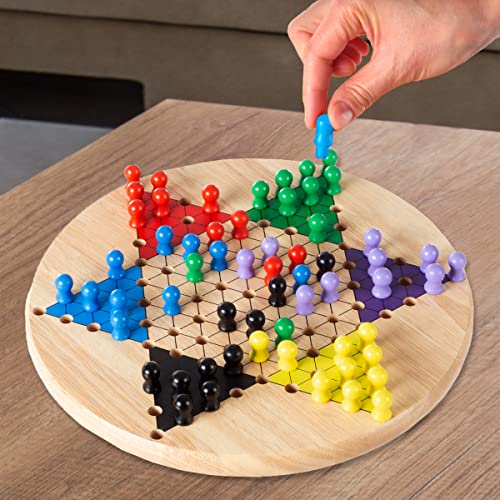 Chinese Checkers Game Set with 11 inch Wooden Board and Traditional Pegs, Game for Adults, Boys and Girls by Hey! Play!