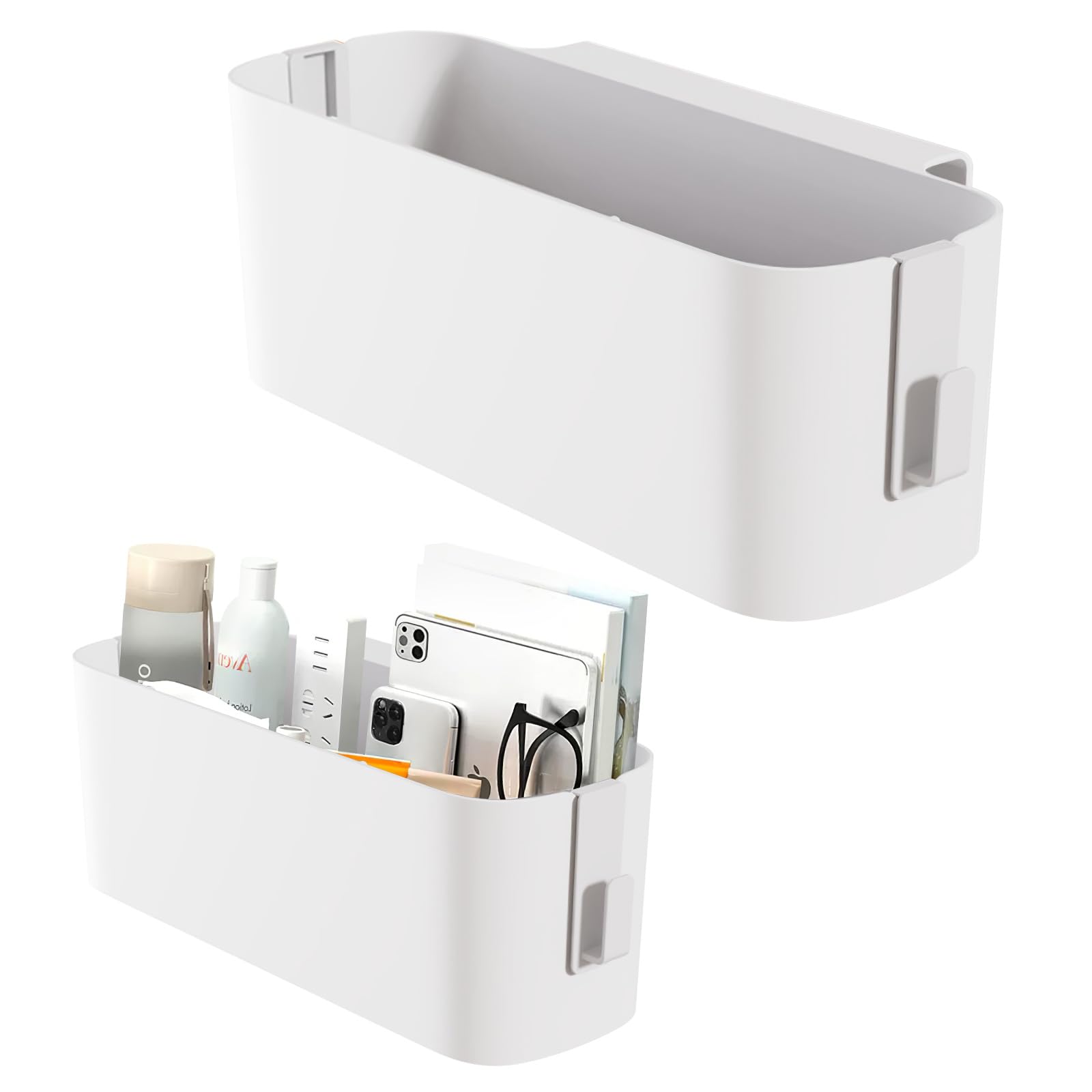Hanging Bedside Storage Basket with 2 Detachable Hooks, Bedside Table Shelf Holder, Large-Capacity Storage Box Organizer for Home Office (White)