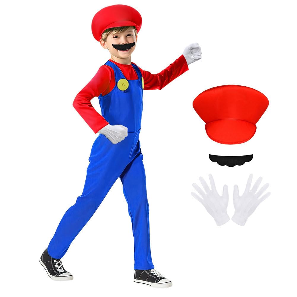 AOOWU Mario Costume for Kids, 4PCS Kids Mario Costume Set with Mario Jumpsuit, Cap, Beard & Gloves, Mario Luigi Bros Plumber Fancy Dress Outfit for Boy Girl Halloween Cosplay Carnival Party (Red, M)