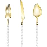 Fabulous Party 120 Pcs Gold Plastic Silverware,Gold Plastic Utensils with White Beads Handle,Fancy Disposable Cutlery Set Include 40 Forks 40 Knives 40 Spoons for Party & Wedding