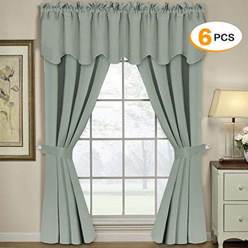 Thermal Insulated Grommet Blackout Curtains for Bedroom (Set of 6 PIECE, Include 2 Panles of W52 x L84 -Inch, 2 PIECE of Valances W52 x L18 - Inch, 2 PIECE of Tie Backs, Solid Sage) - by H.Versailtex