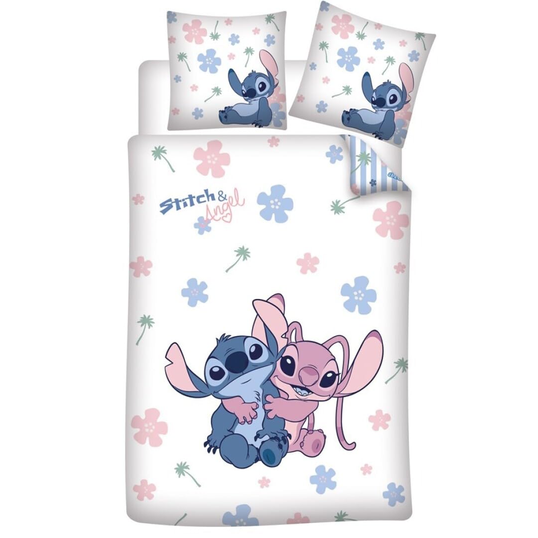 Aymax Stitch & Angel Soft Reversible Bedding,100% Polycotton, Single Size Duvet Cover And Pillow Set For Kids, 135x200 cm + 48x74 cm