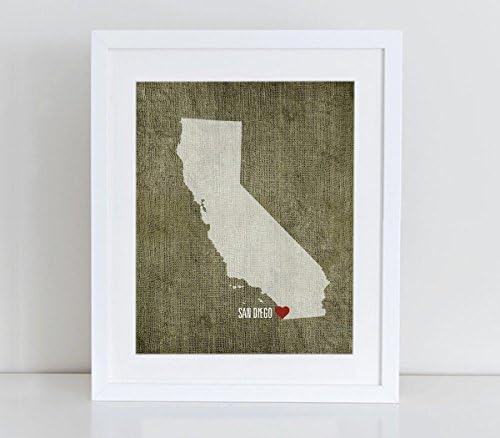 California State Map, Heart on San Diego, Poster, Art Print, Green Moss Burlap Background, 16"x20"