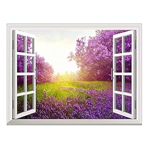 Removable Wall Sticker/Wall Mural - Majestic Purple Lavender and Trees Out of The Open Window Creative Wall Decorr - 36"x48"