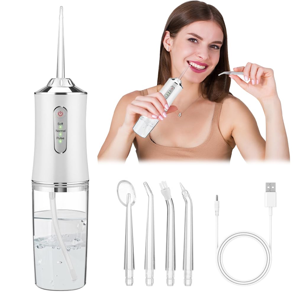 Wireless Oral Irrigator, 300 ml, 4 Nozzles, Interdental Cleaner, Mouth Irrigator, Travel IPX7 Waterproof, USB, Rechargeable, Removable Water Tank for Home & Travel