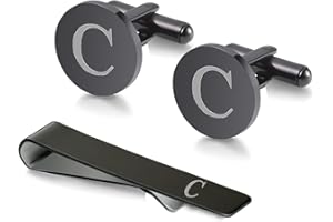 WIGERLON Initial Cufflinks and Tie Clip Set for Men,Stainless steel Letter Cuff Links and Tie Bar Set gift for Father Husband Son Boyfriend