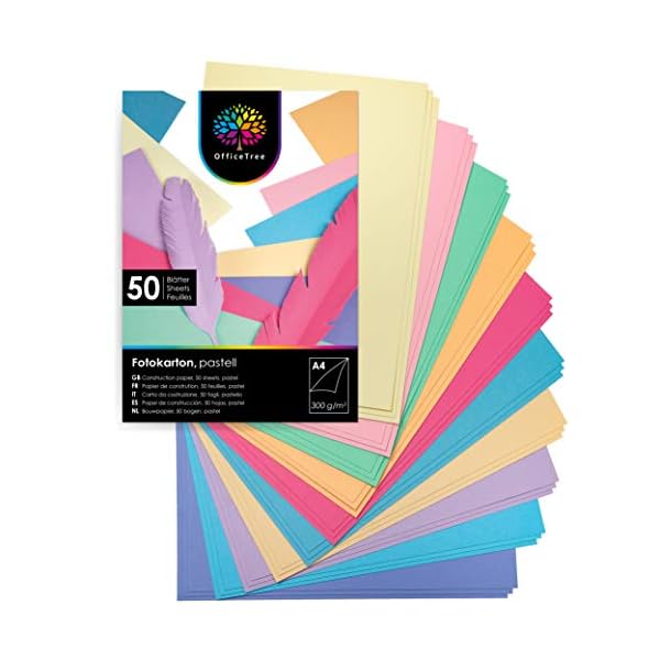 OfficeTree 50x Tonkarton Pastell A4 300g - Tonpapier Pastellfarben - 10 Farben - Tonpapier A4 - Fotokarton zum Basteln und Gestalten - Bastelpapier Pastellfarben - Pastell papier