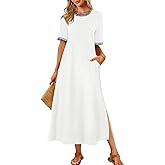 MEROKEETY Women's 2025 Summer Casual Maxi Dress Spring Beach Vacation Short Sleeve Crewneck Split Midi T Shirt Dresses