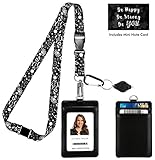 OM Lotus Mandala Yoga Spiritual Symbols in Black & White Print Lanyard with PU Leather ID Badge Holder Wallet with 3 Card Pockets, Safety Breakaway Clip, Note Card. Carabiner Keychain Flashlight