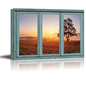 Sunrise Over a Misty Field Looking Off into wooded Hills - Canvas Art Home Art - 24x36 inches