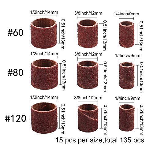 Coceca 148pcs Sanding Drums for Drum Sander, Kit with 135pcs Sanding Band Sleeves 12pcs Drum Mandrels for Dremel Rotary Tool