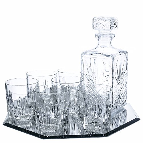 Click Here to See More Images Klikel 8-piece Selecta Whiskey Drinkware Barware Drink Set With 6 Glass Double Old Fashioned Glasses, Silver-plated Octagon Mirror Tray And Decanter