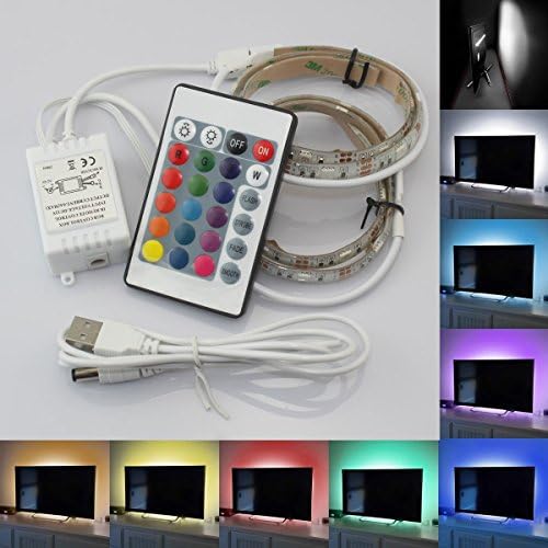 5050 30 LEDs RGB USB LED Light Strip Kit Flexible Adhesive Back Tape + 24 Remote Control for HDTV TV Monitor Decoration Multi-color Changing USB Powered LED Accent Light (2x50CM,Waterproof)