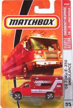 AMBULANCE Matchbox 2009, '08 Ford E-350 Ambulance # 55, Emergency Response 1:64 Scale Collectible Die Cast Car