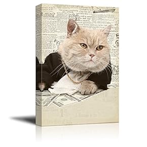 Creative Animal Figure on Vintage Paper Canvas Wall Art - Rich Cat Gambling - Giclee Print Gallery Wrap Modern Home Art Ready to Hang - 12x18 inches