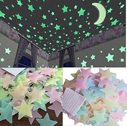 Stickonn Multi Colour Fluorescent Glow in The Dark Star Wall Sticker(50 Stars and 1 Moon,Size: 3.8x3.8 cm)
