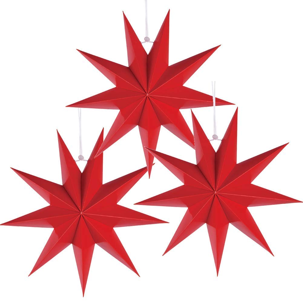 EASY JOY 9 Pointed Star 3D Paper Red Hanging Christmas Decorations Wedding Birthday Baby Shower Room Christmas Ornaments Party Supplies, 3 Pcs