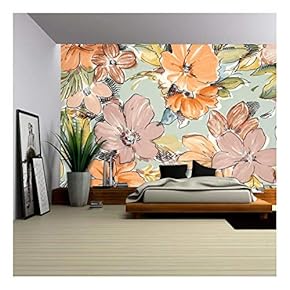 Floral Pattern on Blue Fabric. Brown and Orange Flowers Print as Background. - Removable Wall Mural | Self-Adhesive Large Wallpaper - 66x96 inches