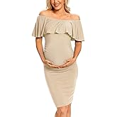 VmSlyii Ruffle Off Shoulder Maternity Dress Ruched Side Bodycon Pregnancy Dress for Baby Shower/Photography