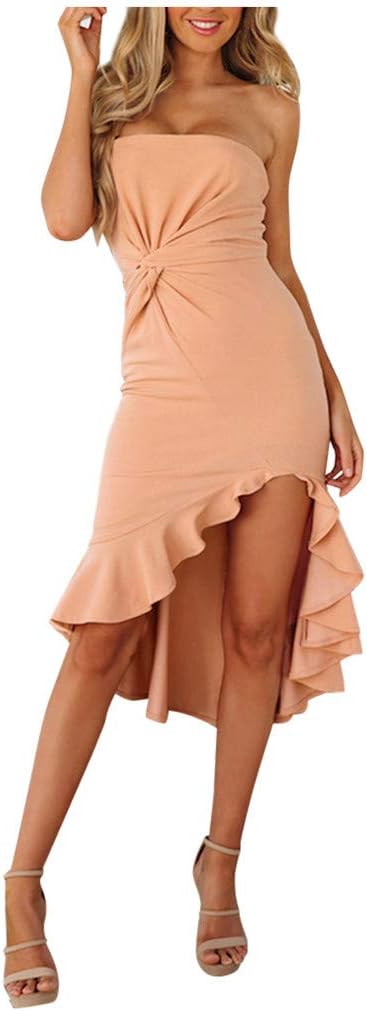 Excursion Clothing Women's Solid Strapless Pleated Flowy Skater Mini Tube Dress Off Shoulder Twist Front Ruffle Hem Split Cocktail Party Maxi Dress