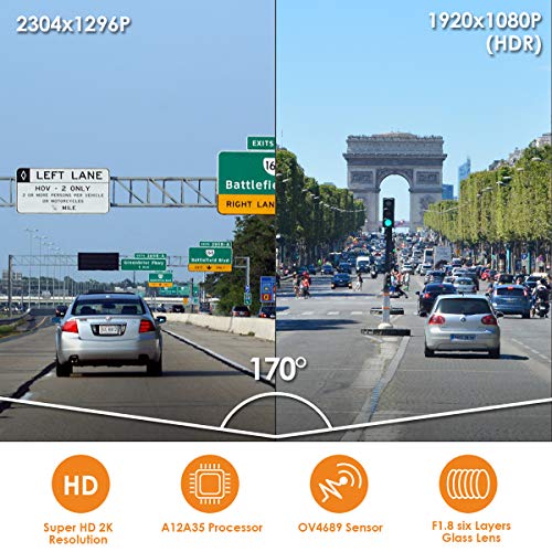 VANTRUE T1 GPS WiFi Super Capacitor Dash Cam Super HD 2K 2304X1296P, 1920X1080P HDR 170° Car Camera Dash Camera w/ADAS, Night Vision, 24Hs Parking Mode, Amba A12, Motion Detection, Support 256GB Max