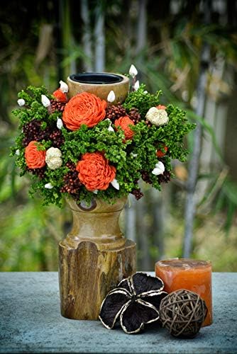 forestkraft Eco-friendly Wooden Candle Stand with Artificial Orange Flowers
