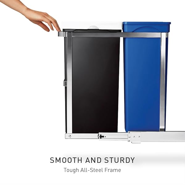 SIMPLEHUMAN 35 LITER / 9.3 GALLON DUAL COMPARTMENT UNDER COUNTER KITCHEN CABINET PULL-OUT RECYCLING BIN AND TRASH CAN, CHROME