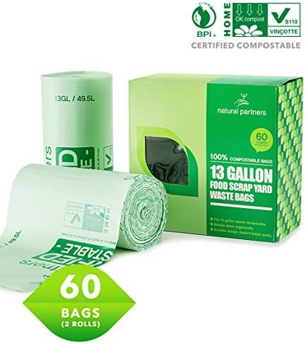 Natural Partners 100% Compostable Bags, 13 Gallon, 60 Count, Superior Strength 1.0 Mils Thickness, Compostable Tall Kitchen Trash Bag, Biodegradable Yard Waste Bag, ASTM6400/BPI/VINCOTTE Certificated