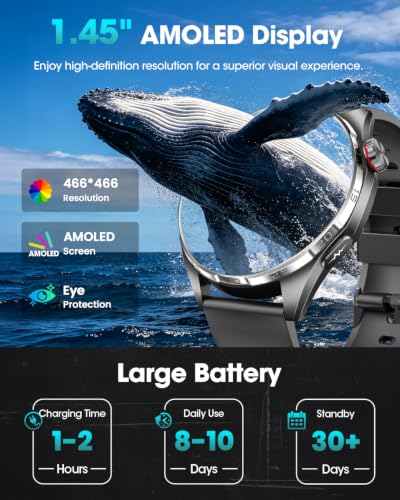 FOSMET Nuevo Reloj Inteligente Hombre con ECG/HRV/BMI, Android iOS Negro | 1.45" AMOLED, Micro Chequeo, 24H Frecuencia Cardíaca, Presión Arterial, SpO2, Sueño, 5 ATM, Llamadas, SOS, 120+ Deportivos